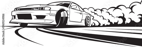 Drifting Car Vector, Black and White Sports Car Illustration, Racing Auto, Smoke Trail