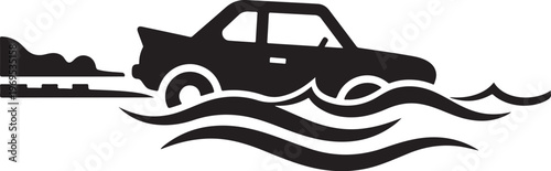 Car, car silhouette, vehicle, driving through water, flood, vector icon