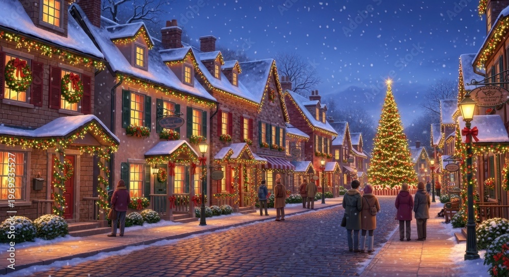 Fototapeta premium A snowy village street at christmas time