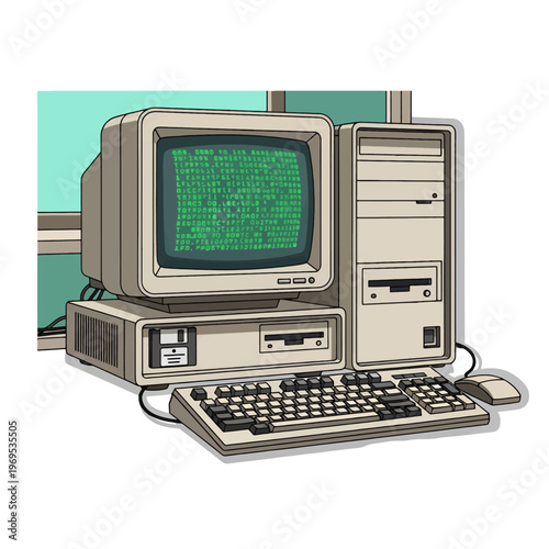 Vintage computer system with a floppy disk drive and a mouse