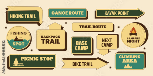Retro outdoor activities sticker set with hiking trail, canoe route, kayak point, fishing spot, backpack trail, bike trail and more. Vector illustration in vintage midcentury 50s style for adventure