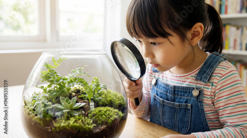 A curious young Asian child explores nature through a magnifying glass, observing plants and moss inside a glass terrarium in a bright home setting for a science project. Generative AI.