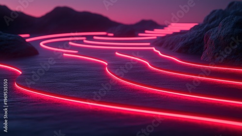 Neon red lines curve through a landscape