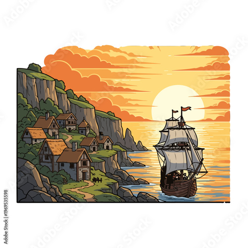 A sailing vessel approaches a coastal village at sunset