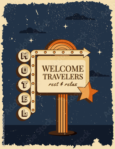 Retro roadside vertical poster classic American motel welcome sign with bold vintage typography and arrow. Vector illustration in midcentury 1950s style for print, wall art