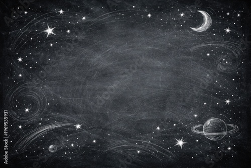 Chalkboard texture background with faint erased chalk lines and starry celestial sketches for creative text overlay