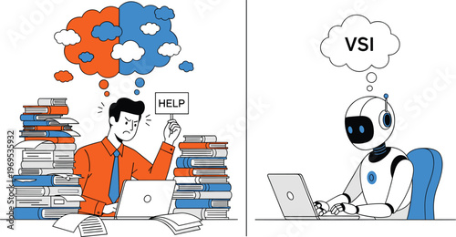 Overwhelmed man with stacks of books and papers, asking for help, contrasted with a robot efficiently working on a laptop, symbolizing AI vs human.