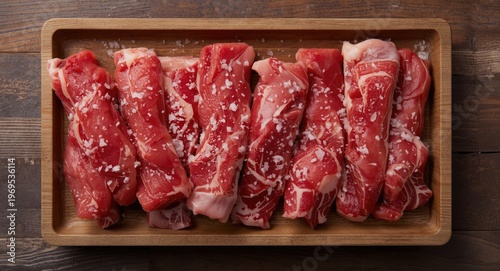 Uncooked meat cuts arranged...