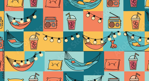 Colorful Summer Vacation Icon Pattern.