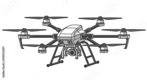 Drone with camera and propellers flying.