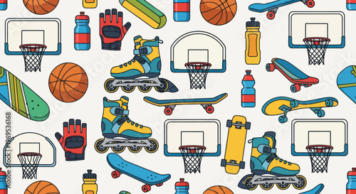 Colorful skateboard with sports equipment.