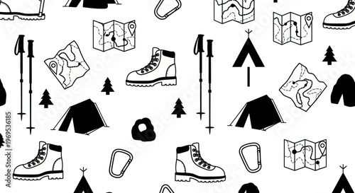 Hiking shoes and camping gear icons.