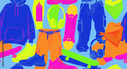 Colorful skateboarding clothing and accessories.