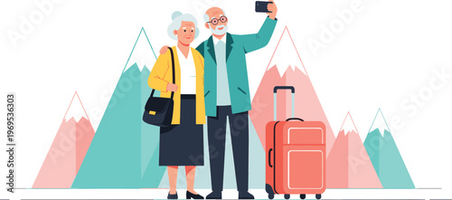 Elderly couple taking a selfie on a mountain trip, with luggage, symbolizing active senior travel, adventure, and enjoying retirement together.