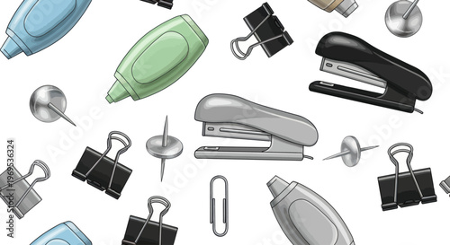 Office supplies on white background.