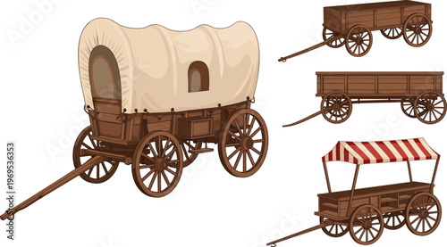 Collection of vintage wooden wagons, including a covered wagon and a market stall cart, representing historical transport, trade, and pioneer life.