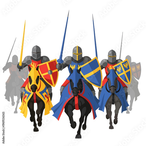 Armored warriors on horseback with swords and shields advance