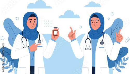 Two Muslim female doctors in hijab and lab coats, one holding medicine, the other pointing, representing healthcare professionals and medical expertise.