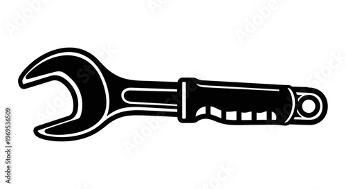 A simple black and white illustration of an adjustable wrench on a white background.