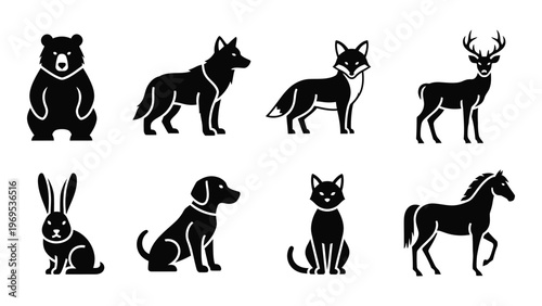 A collection of eight animal silhouettes arranged in two rows including a bear wolf and deer silhouette high quality professional detailed