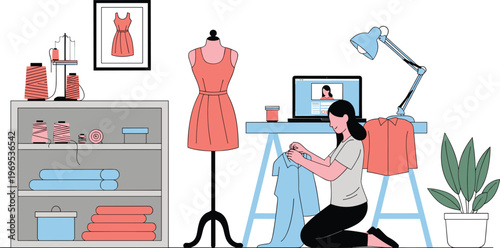 A woman is sewing a dress on a mannequin in a bright, organized studio with sewing supplies and a laptop displaying a video tutorial.