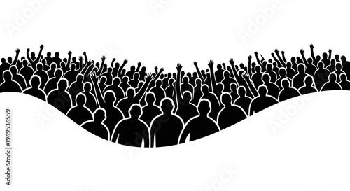 A large crowd of people gathered together with some raising their hands.