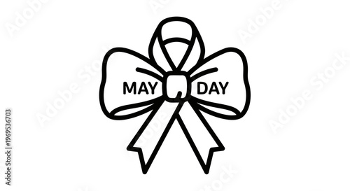 Simple line drawing of a ribbon with may day text inside it.