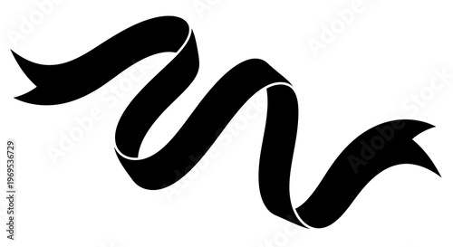 A black ribbon curled and twisted in a wavy pattern on a white background.