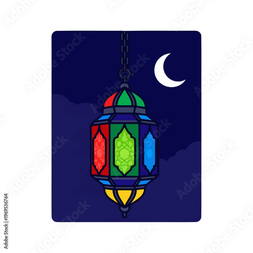 Colorful hanging lantern illuminated against a night sky with moon