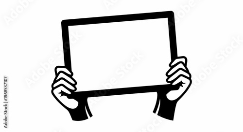 A pair of hands holding a blank sign against a white background.