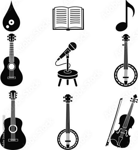 PrintBlack music icons set with blue outlines featuring guitar banjo violin microphone book and note isolated on white for artistic design