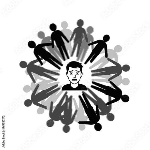 Person surrounded by shadowy figures feels isolated and anxious