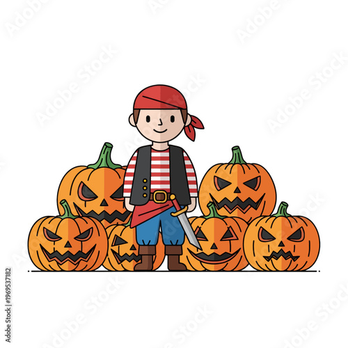 A cartoon pirate stands with carved pumpkins for Halloween