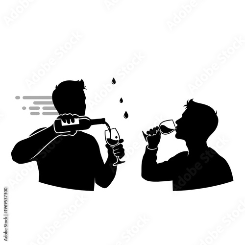 Person pours beverage into glass while another person drinks