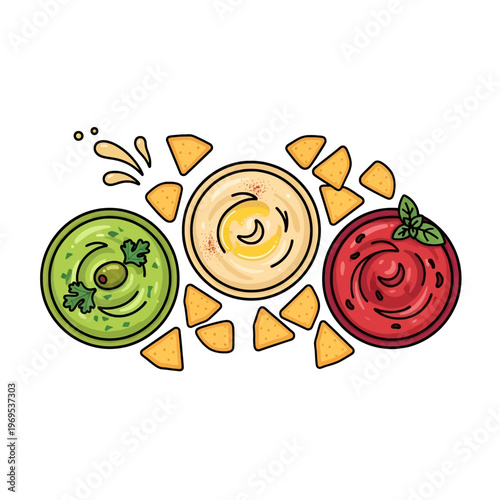 Three bowls of dips with tortilla chips arranged around them