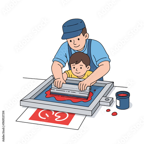 Adult and child learn screen printing together in a workshop