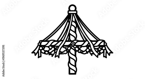 A simple line drawing of a maypole with ribbons and flowers attached to the top.