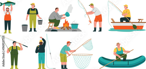 Large vector collection of people fishing featuring various angling techniques including net fishing boat fishing and campfire cooking.
