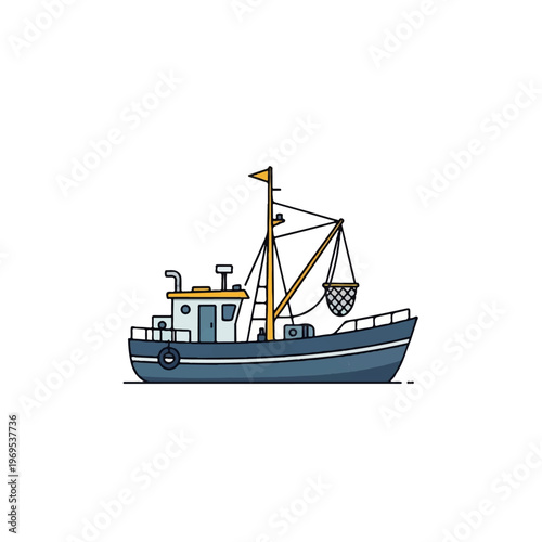 Vibrant fishing vessel illustration showcasing a sturdy ocean-going boat with a net, ideal for maritime themes and aquatic industry concepts