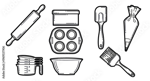 Baking tools and kitchen utensils collection.