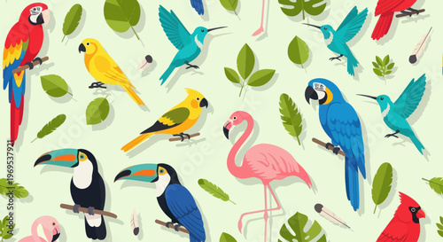 Colorful birds with vibrant feathers standing.