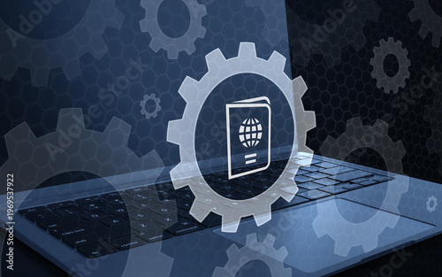 Passport Control Settings and Digital Travel Preferences Technology Concept with Passport Icon on Laptop Keyboard and Cogwheels for Tourism Systems