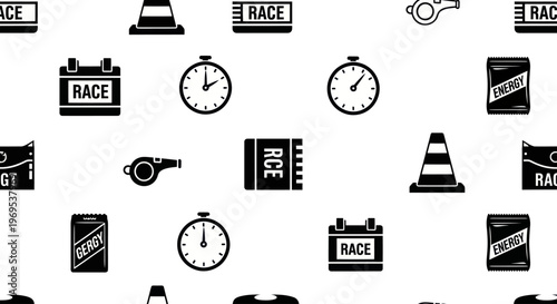 Racing icons and clock symbols.