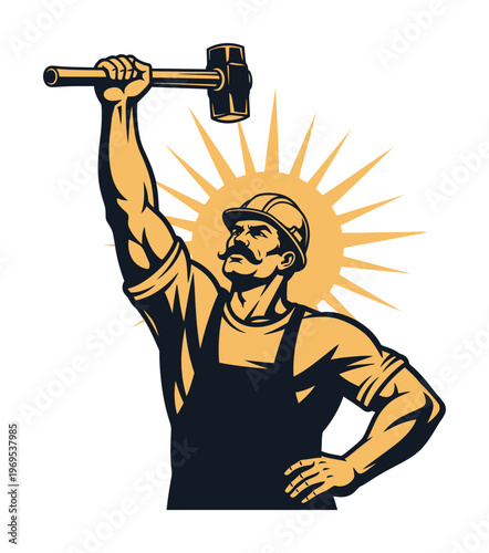 Strong worker in overalls is raising a large sledgehammer in a striking pose in a vector