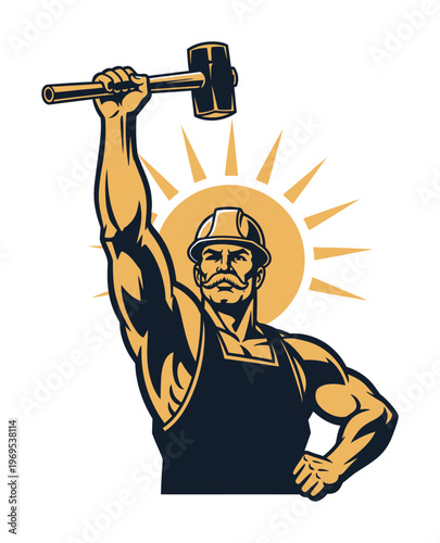 Vector of a muscular man with a raised hammer and a sunburst background