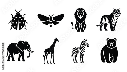 A collection of diverse animal figures including insects and mammals presented in a striking black silhouette high quality professional detailed modern