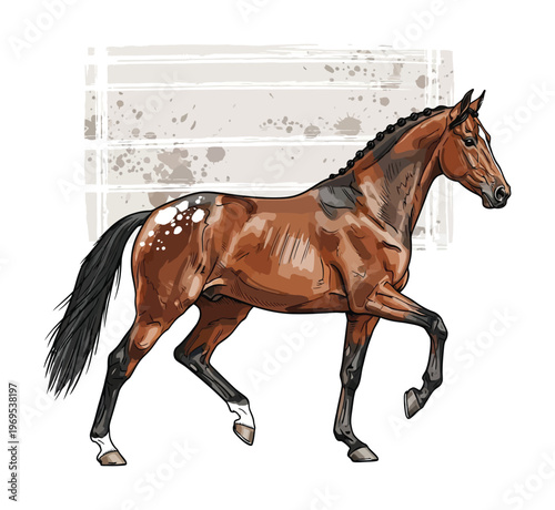 Beautifully illustrated vector art of a horse with a spotted coat galloping gracefully in front of a faded white fence