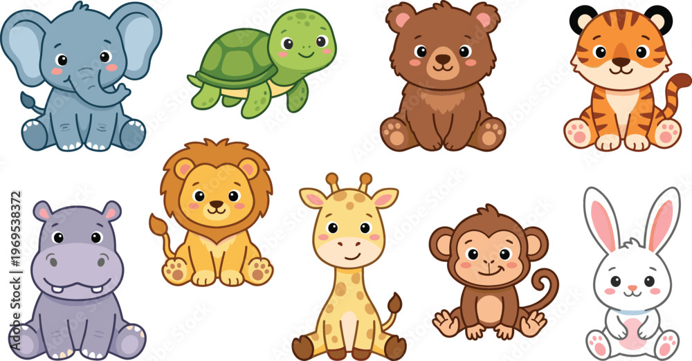 Obraz premium Cute Baby Animals Cartoon Set Elephant Turtle Bear Tiger Lion Giraffe Monkey Rabbit Hippo Kawaii Style Kids Friendly Vector Illustration