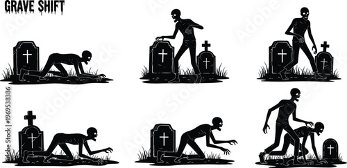 Scary zombie black silhouette set crawling and walking in graveyard with tombstones isolated on white background for Halloween horror design and spooky concepts.