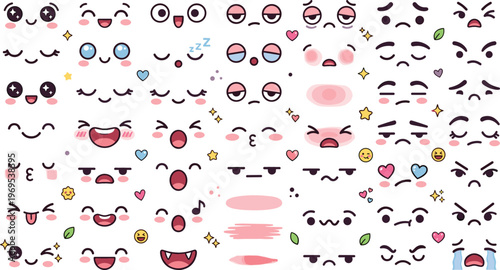 Cute Kawaii Face Elements Set Cartoon Eyes Mouth Expressions Blush Hearts Emoji Style Facial Parts Collection Vector Illustration